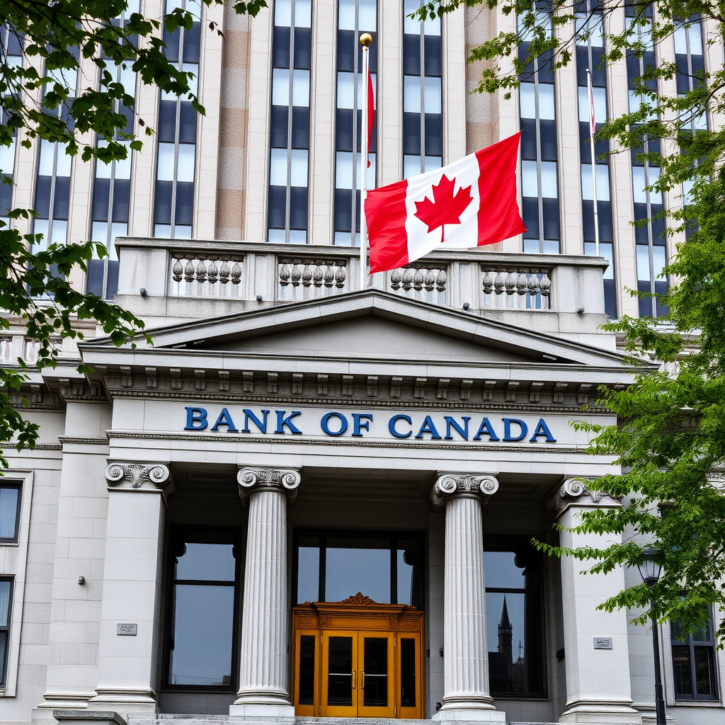 Bank of Canada headquarters building in Ottawa with Canadian flag flying, showing the official central bank building where monetary policy decisions are made