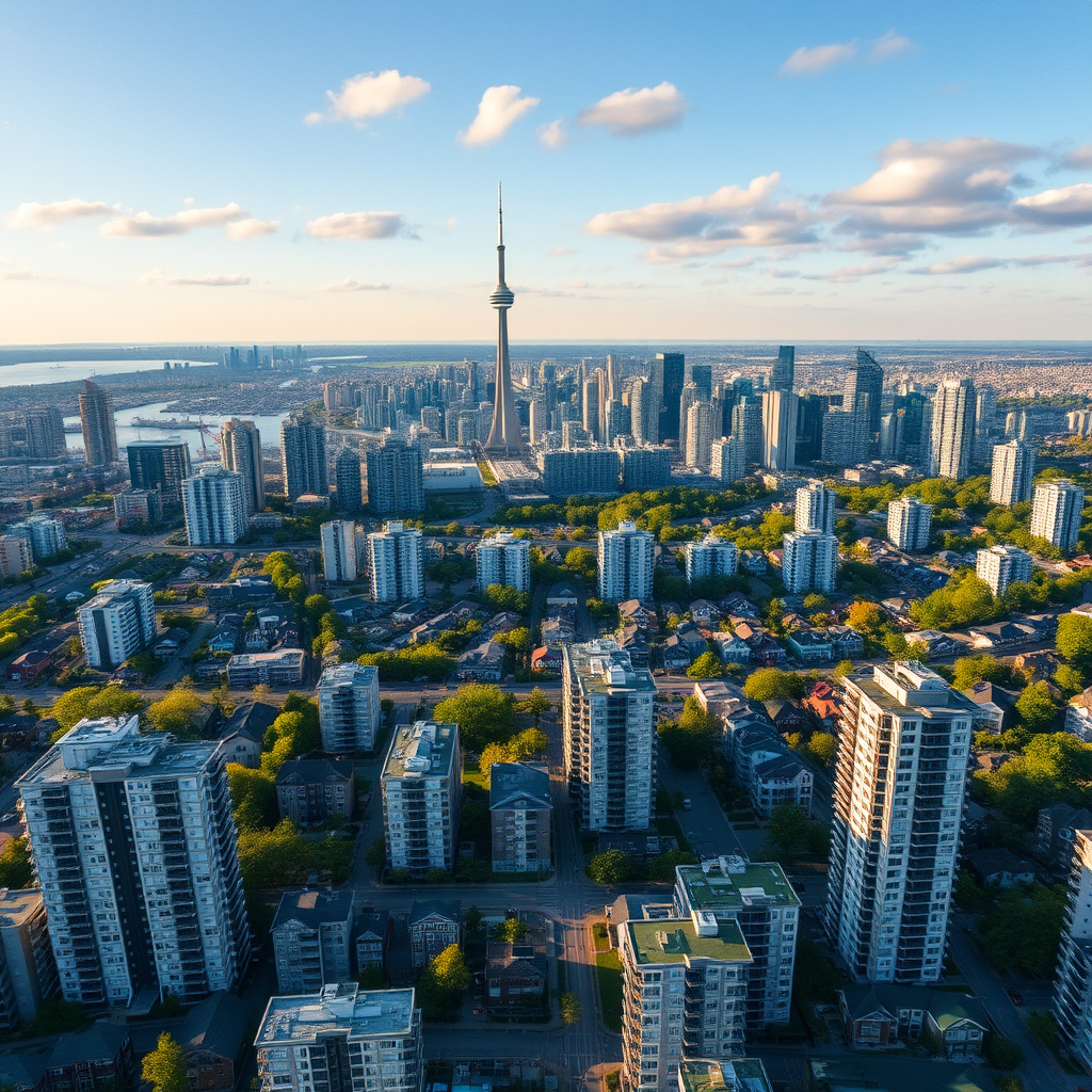 Aerial view of Toronto skyline with residential neighborhoods and high-rise condominiums showing the Canadian housing market landscape