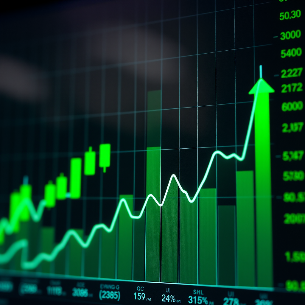 Toronto Stock Exchange technology sector performance chart showing upward trend with green candlesticks and rising graph lines, displaying Q3 earnings data for Canadian tech companies
