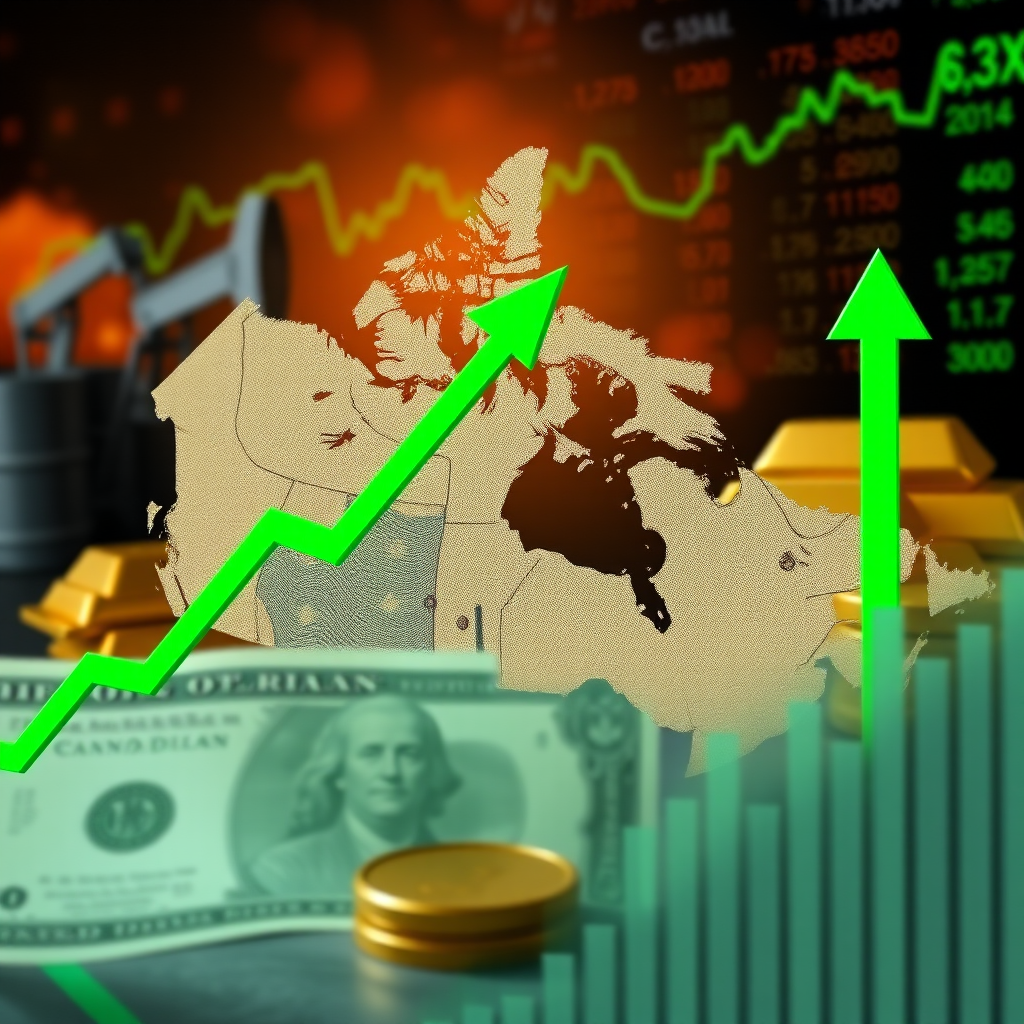 Canadian dollar currency chart showing strengthening trend against US dollar with green upward arrows and commodity price indicators including oil barrels and gold bars in background