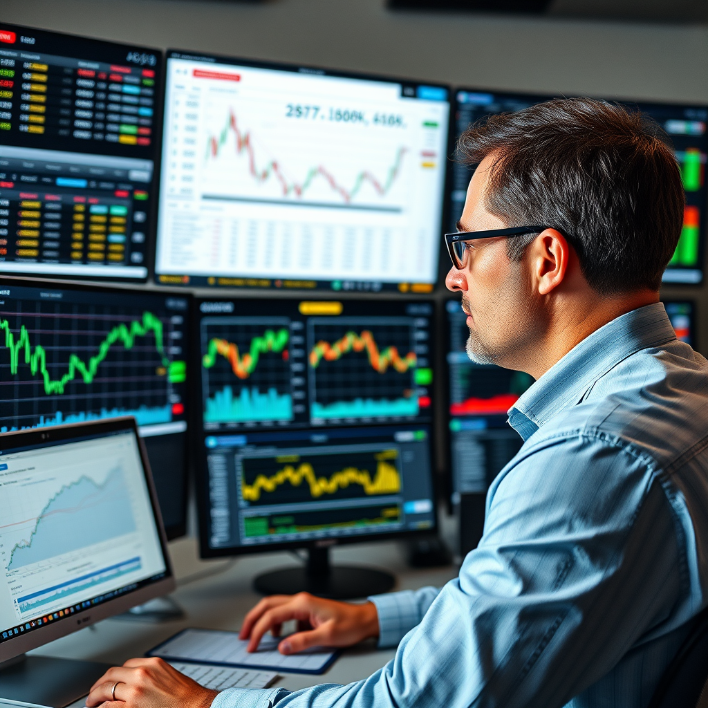 Professional analyst reviewing Canadian market data and investment charts on multiple monitors, with financial reports and graphs displayed, representing comprehensive investment research services