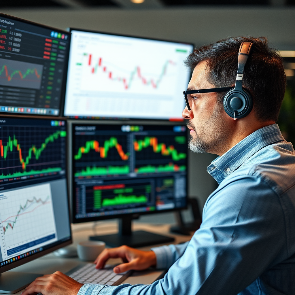 Professional investment research analyst reviewing Canadian market data and financial charts on multiple monitors