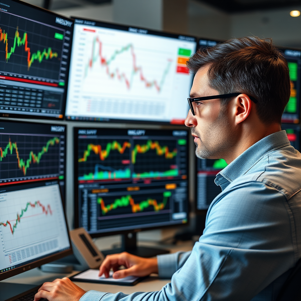 Professional market analyst reviewing Canadian financial data and charts on multiple monitors showing stock market trends, economic indicators, and investment opportunities