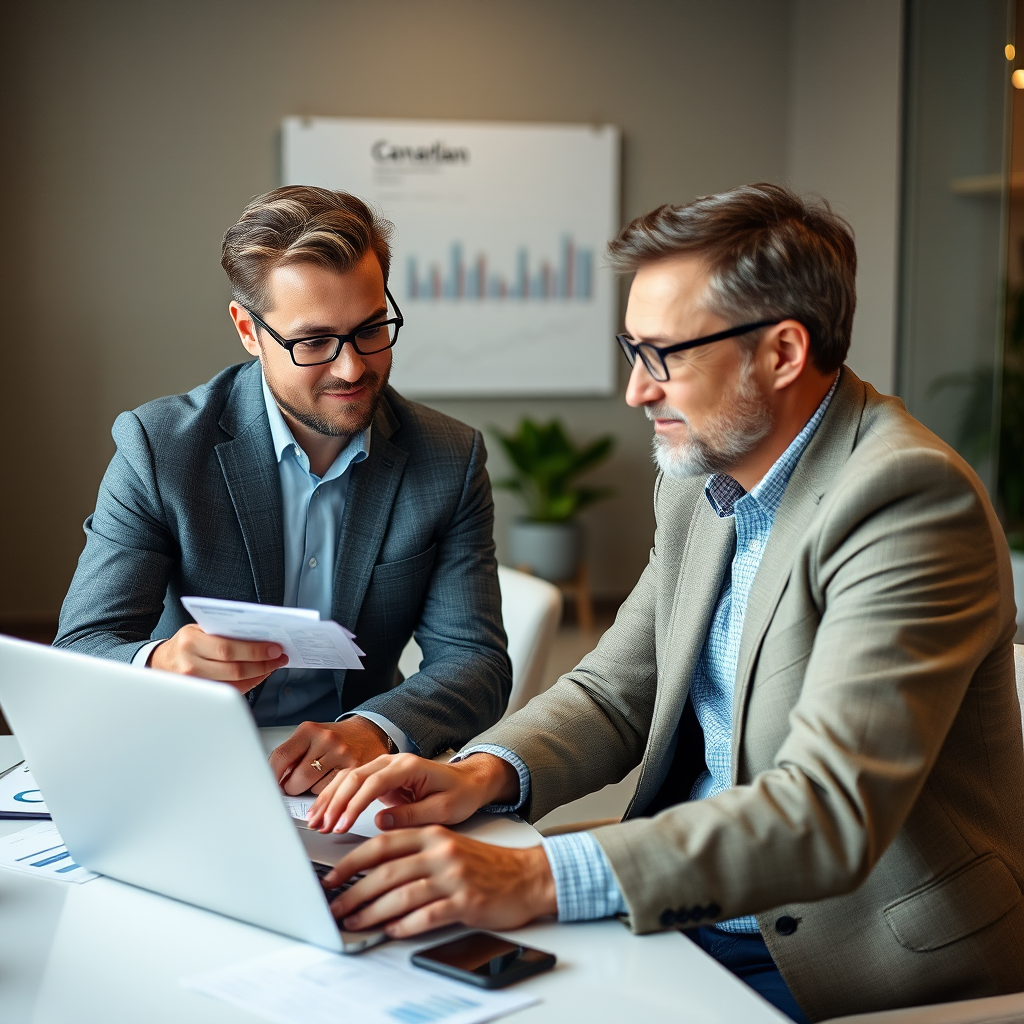 Professional investment consultant working with Canadian client on personalized investment strategy, reviewing charts and financial documents on modern laptop
