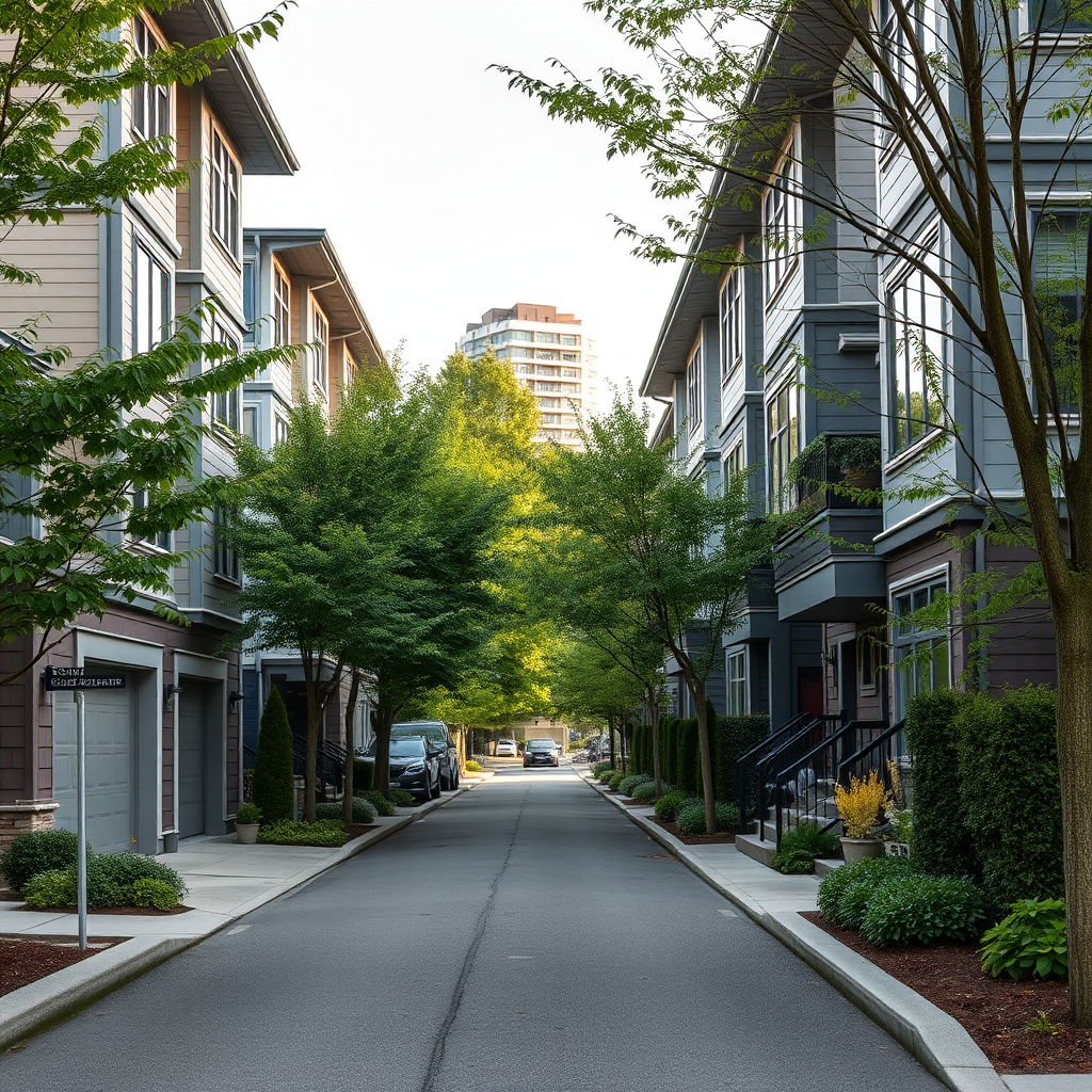 Vancouver residential street with modern townhouses and condominiums representing the stabilizing housing market in British Columbia