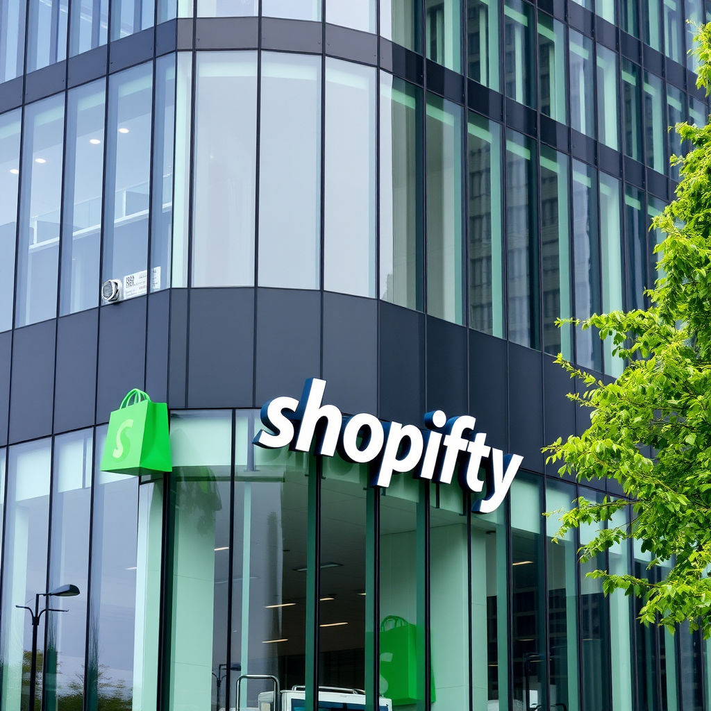 Modern glass office building of Shopify headquarters in Ottawa with company logo and green branding elements visible on the facade