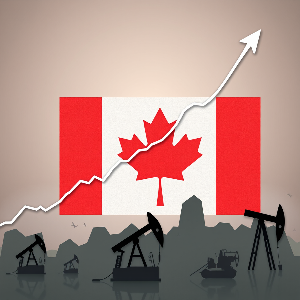 Oil price chart showing upward trend with Canadian flag overlay and drilling equipment silhouettes representing Canada's energy sector strength
