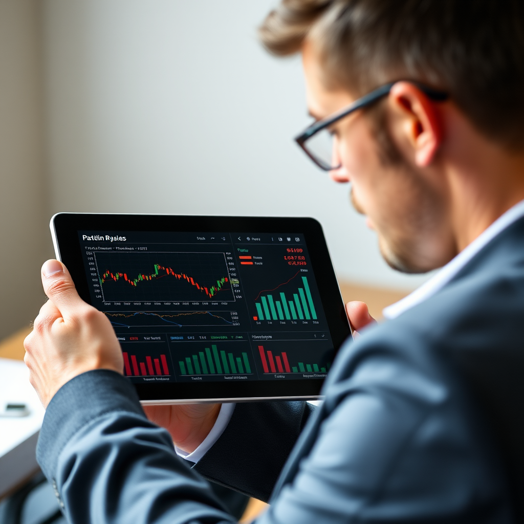 Financial advisor analyzing investment portfolio performance on tablet with Canadian stock market charts, ETF allocations, and performance metrics visible on screen