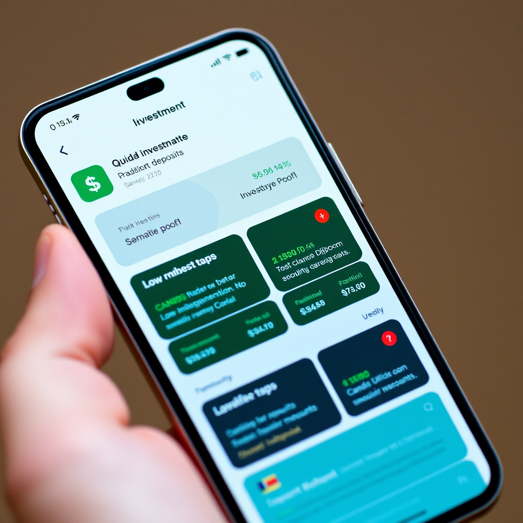 Smartphone displaying various Canadian investment apps and trading platforms with low minimum deposits, showing portfolio performance and investment options for small amounts