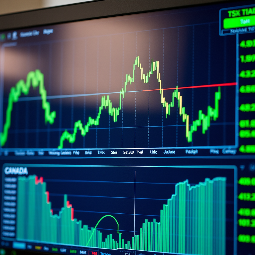 Computer screen displaying Canadian technology stock charts and trading interface with green upward trending lines and TSX technology index data