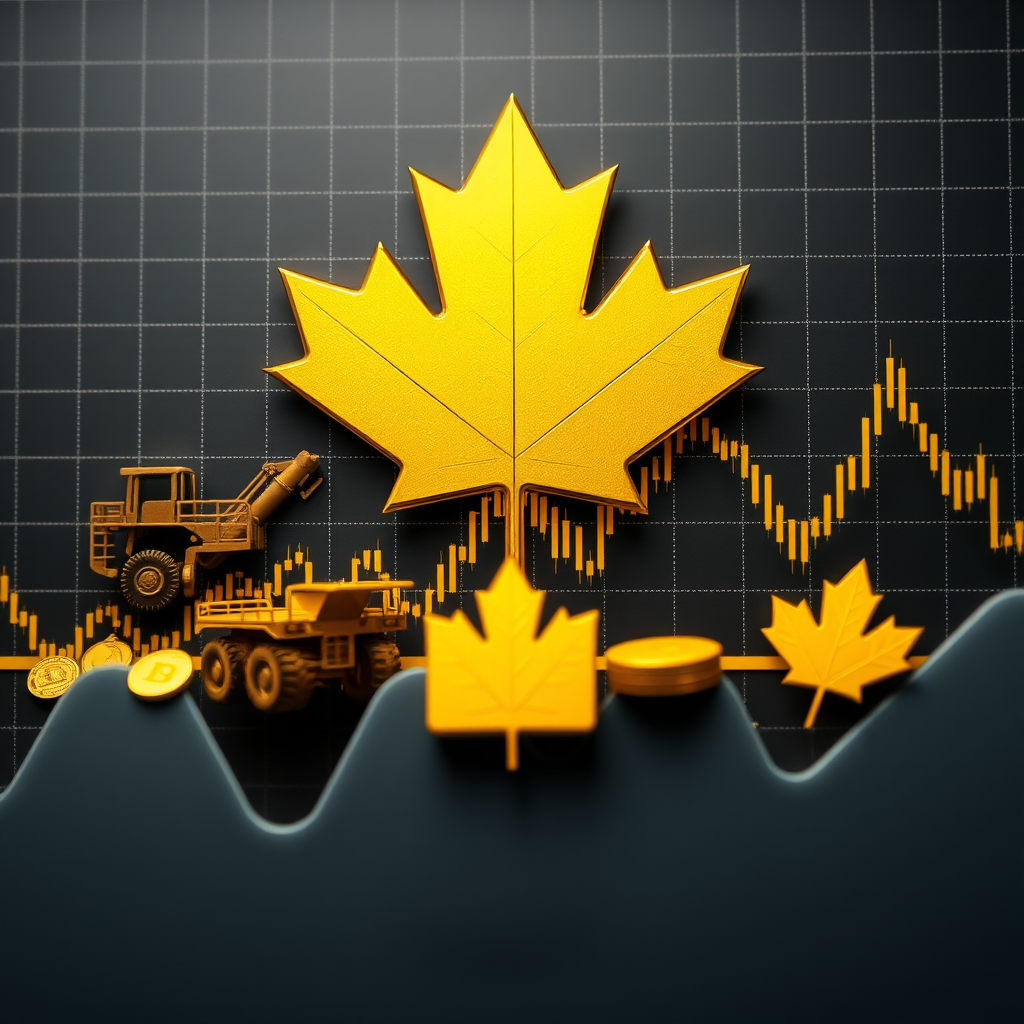 Gold price graph with Canadian mining equipment and maple leaf symbols showing precious metals market rally benefiting Canadian economy