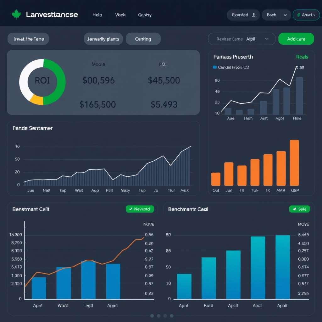 Investment performance tracking dashboard showing ROI calculations, growth charts, and benchmark comparisons for Canadian investment portfolios