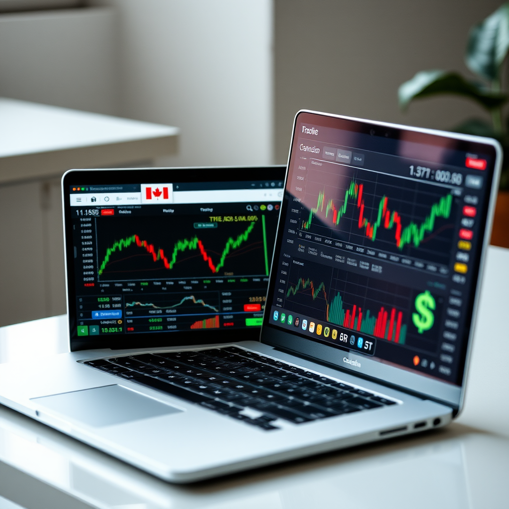 Modern laptop showing cryptocurrency and stock trading platforms with Canadian dollar symbols, charts, and digital investment interfaces designed for small capital investments