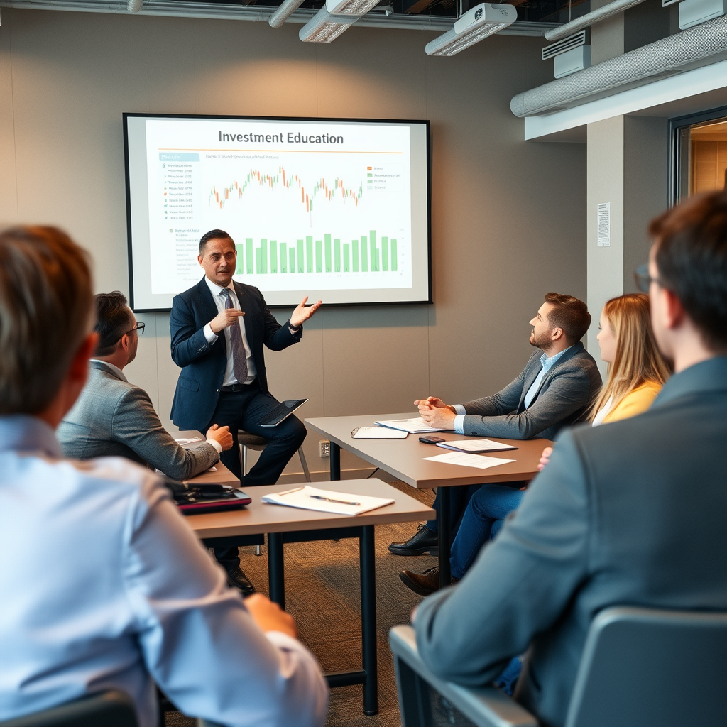 Investment education workshop with instructor teaching Canadian investors about portfolio management, ETF investing, and stock trading strategies in modern classroom setting
