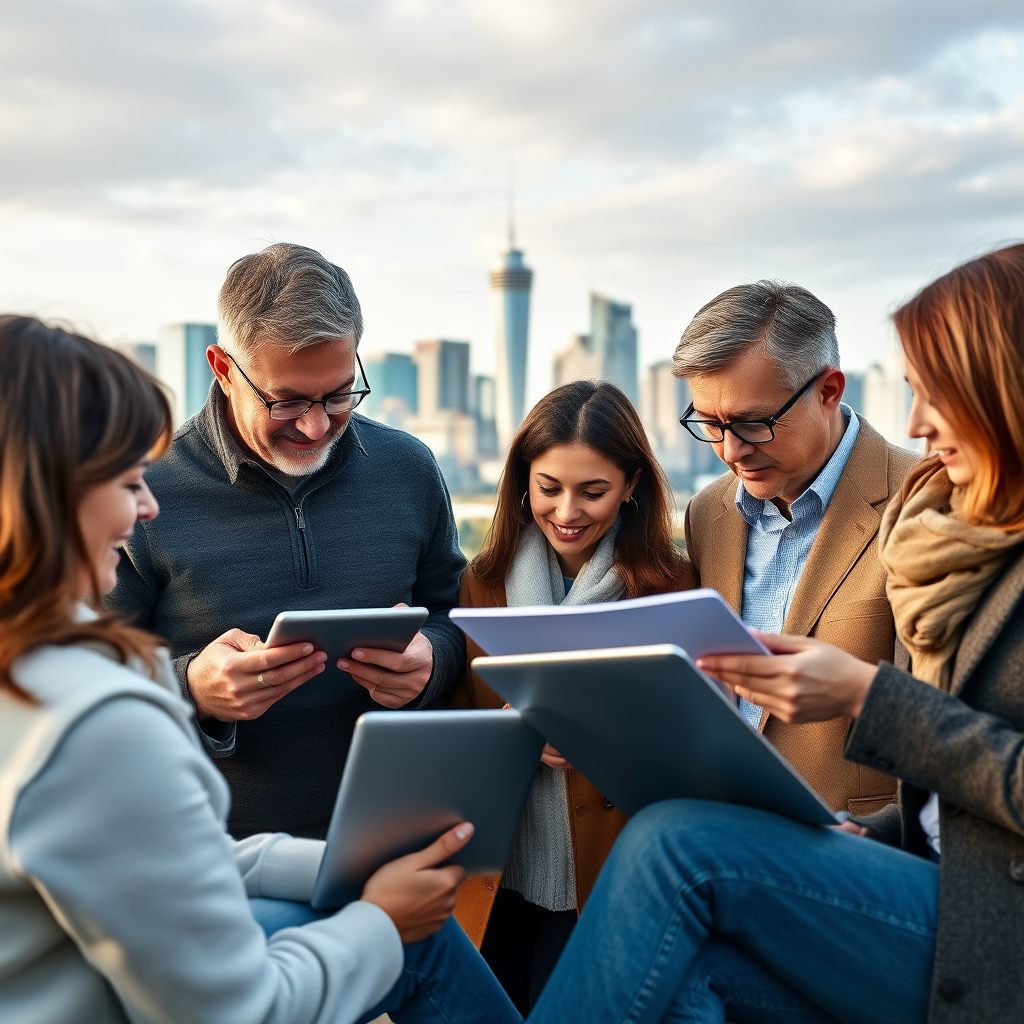 Diverse group of Canadian investors of different ages reviewing market intelligence reports on tablets and laptops, with Canadian financial district skyline in background, representing successful investment strategies