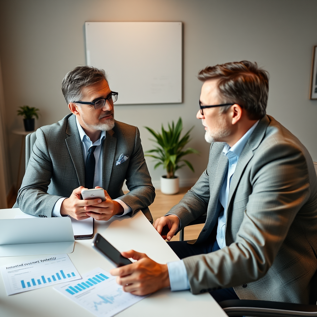 One-on-one investment consulting session with financial advisor and Canadian client discussing personalized investment strategy, with investment apps and portfolio charts on desk