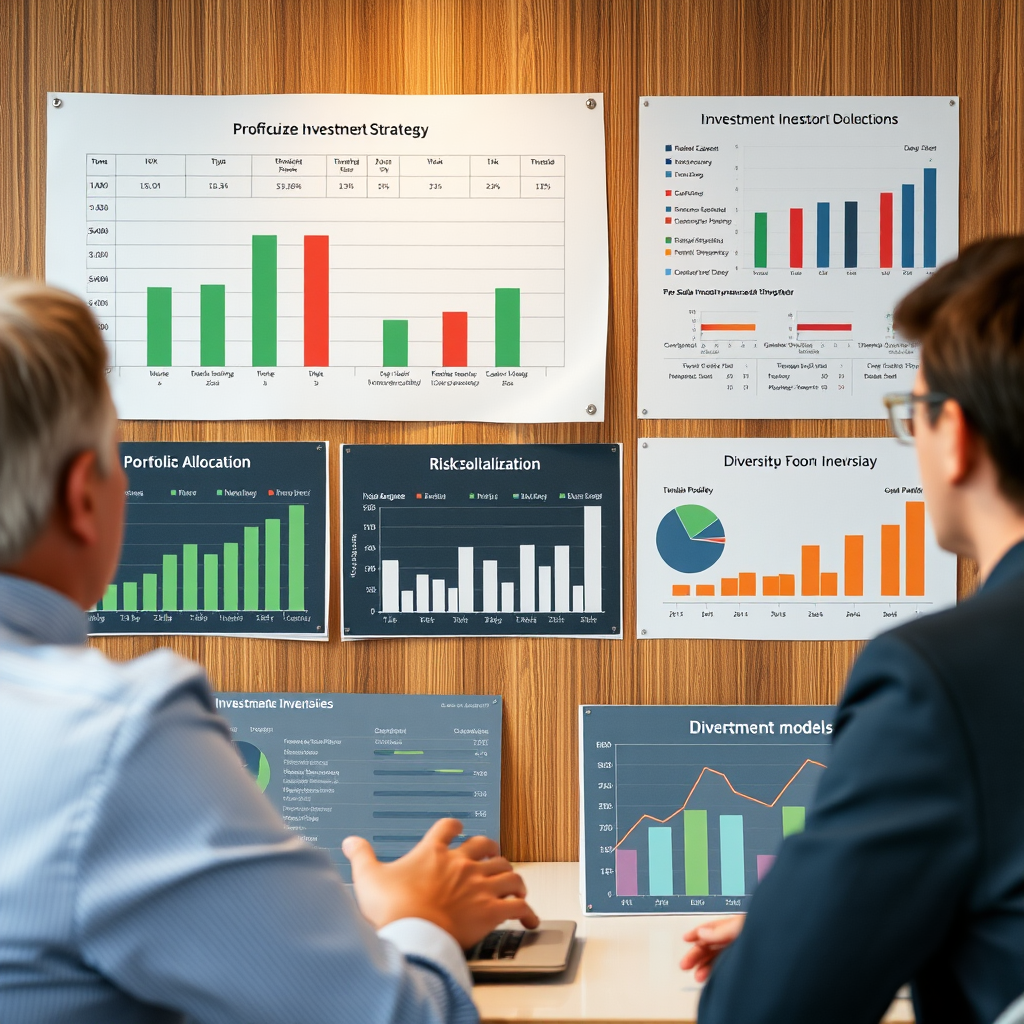 Canadian investment strategy consultation showing portfolio allocation charts, risk assessment tools, and diversification models for different investor profiles