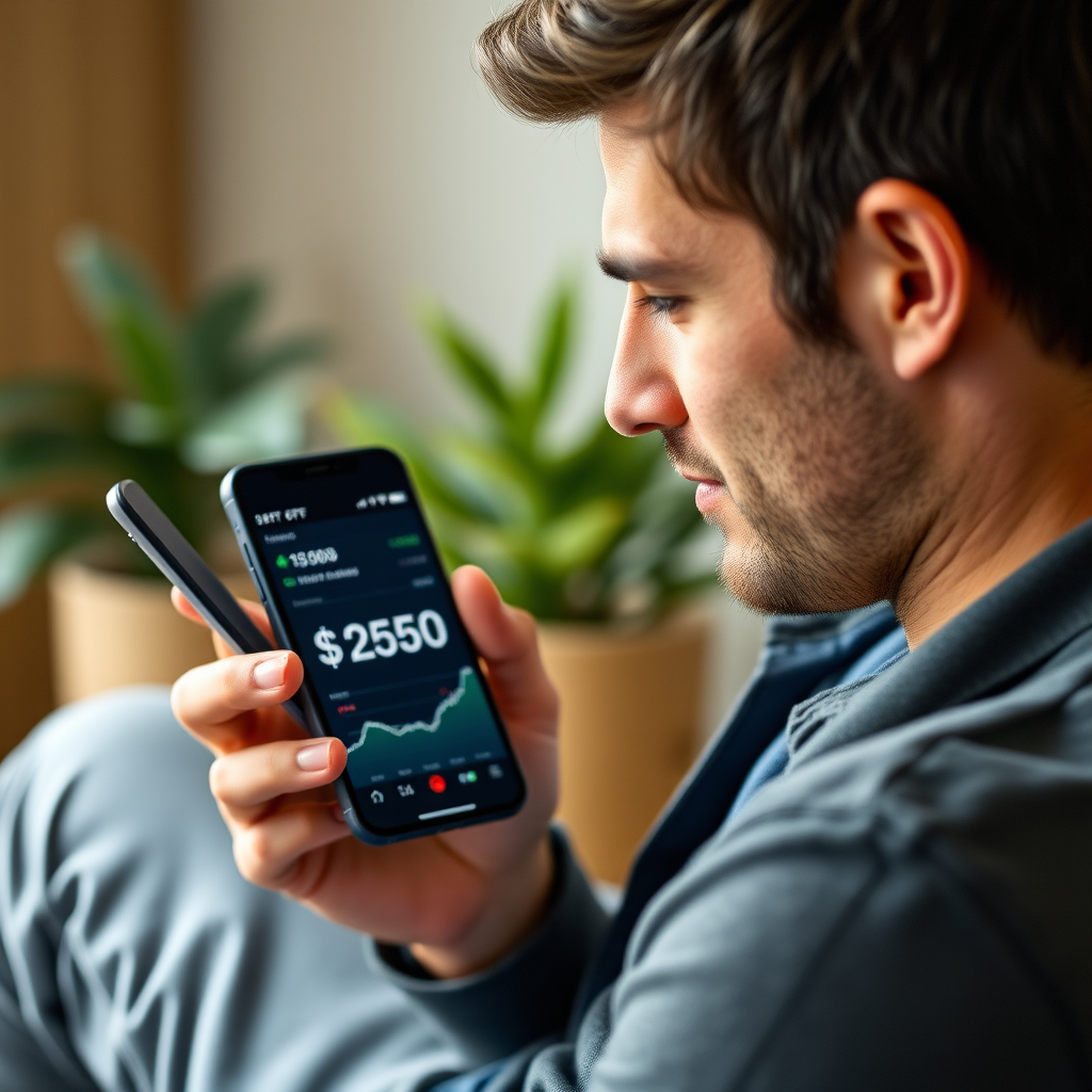 Canadian investor using mobile trading app to invest small amounts in ETFs and stocks, with $250 investment amount visible on smartphone screen showing portfolio growth