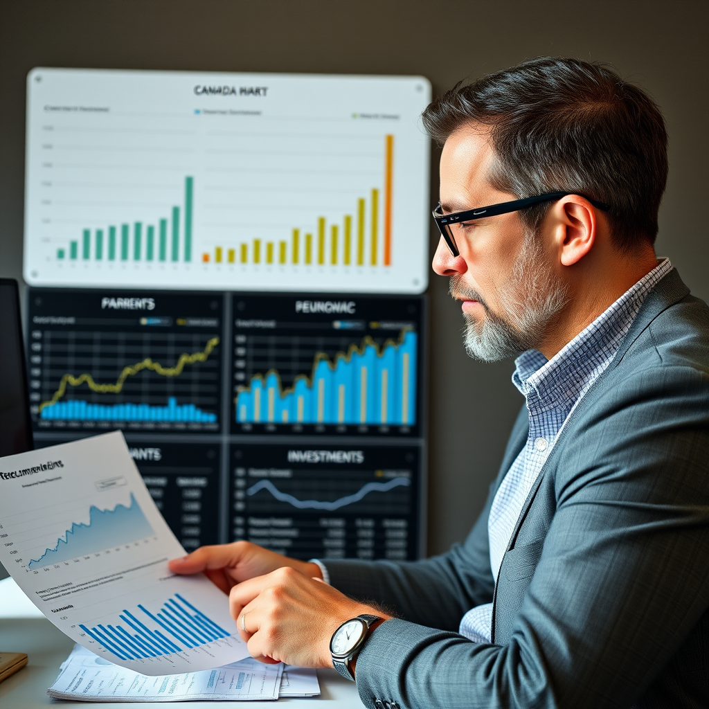 Professional investment advisor reviewing portfolio performance charts and growth metrics with Canadian market data and investment recommendations