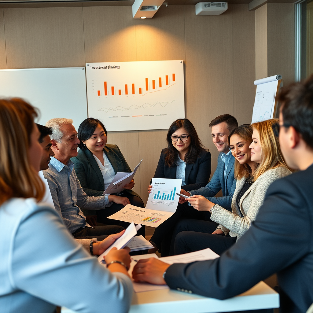 Diverse group of Canadian investors participating in an interactive investment education workshop with charts and financial planning materials